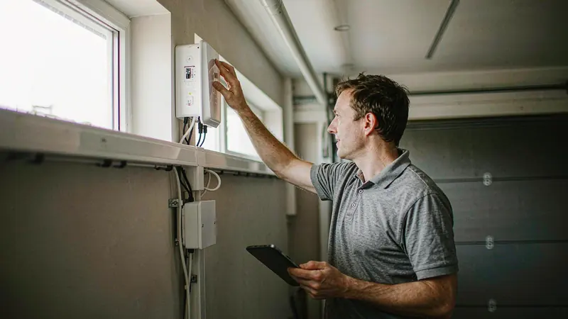 Installer updating firmware on home battery during EU cybersecurity check 2026