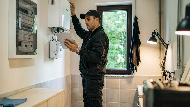 Installer commissioning a wall-mounted home battery in a European utility room in 2026