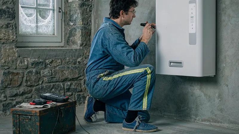 Installer commissioning a sodium-ion home battery in an unheated Nordic garage in winter 2026