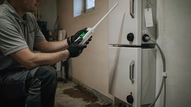 Installer measuring home battery noise with a sound level meter during EU commissioning, 2026