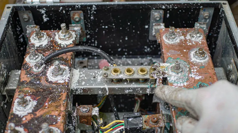 Salt-corroded battery terminals with white bloom and copper sulfate deposits in a coastal home battery