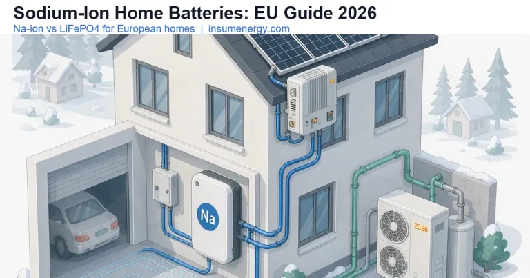 Sodium-ion home batteries EU guide 2026: isometric diagram of a European home with Na-ion battery, solar panels and heat pump in cold climate