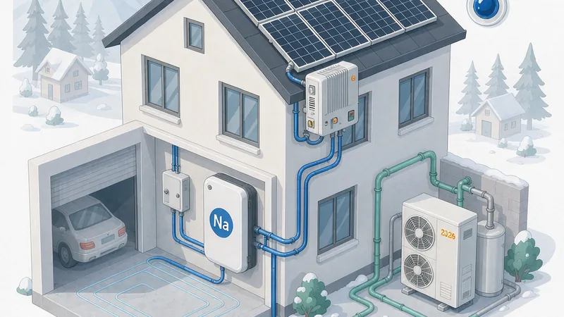 Sodium-ion home battery system diagram for EU homes 2026 with Na cell, solar and heat pump