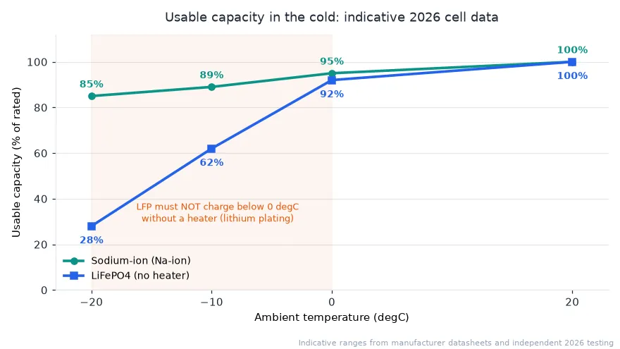 Chart comparing sodium-ion and LiFePO4 usable capacity at low temperatures for EU home batteries 2026
