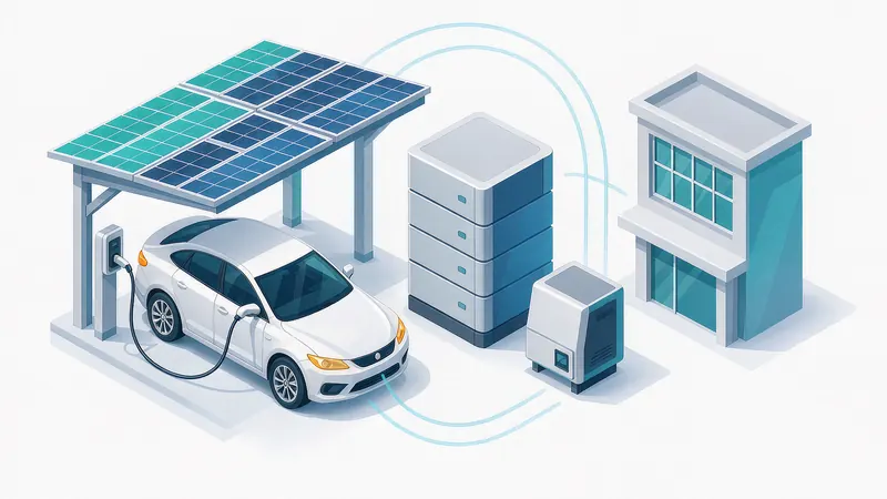 Solar carport with EV charging and LiFePO4 battery storage energy flow illustration EU 2026