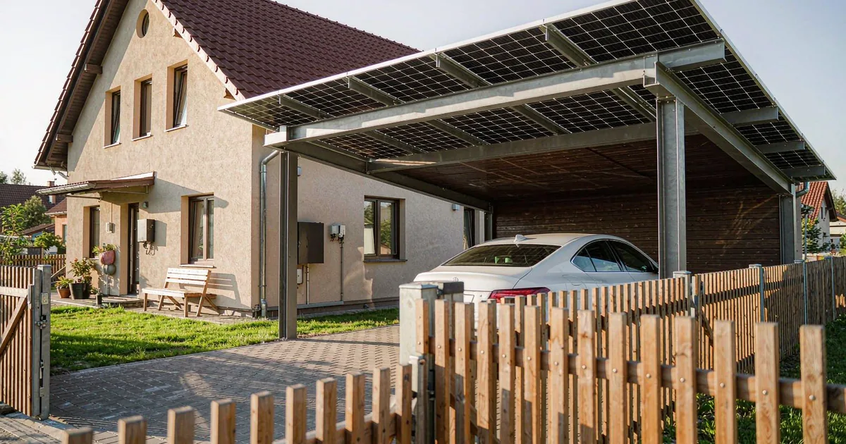 Solar carport with PV panels and home LiFePO4 battery storage EU 2026